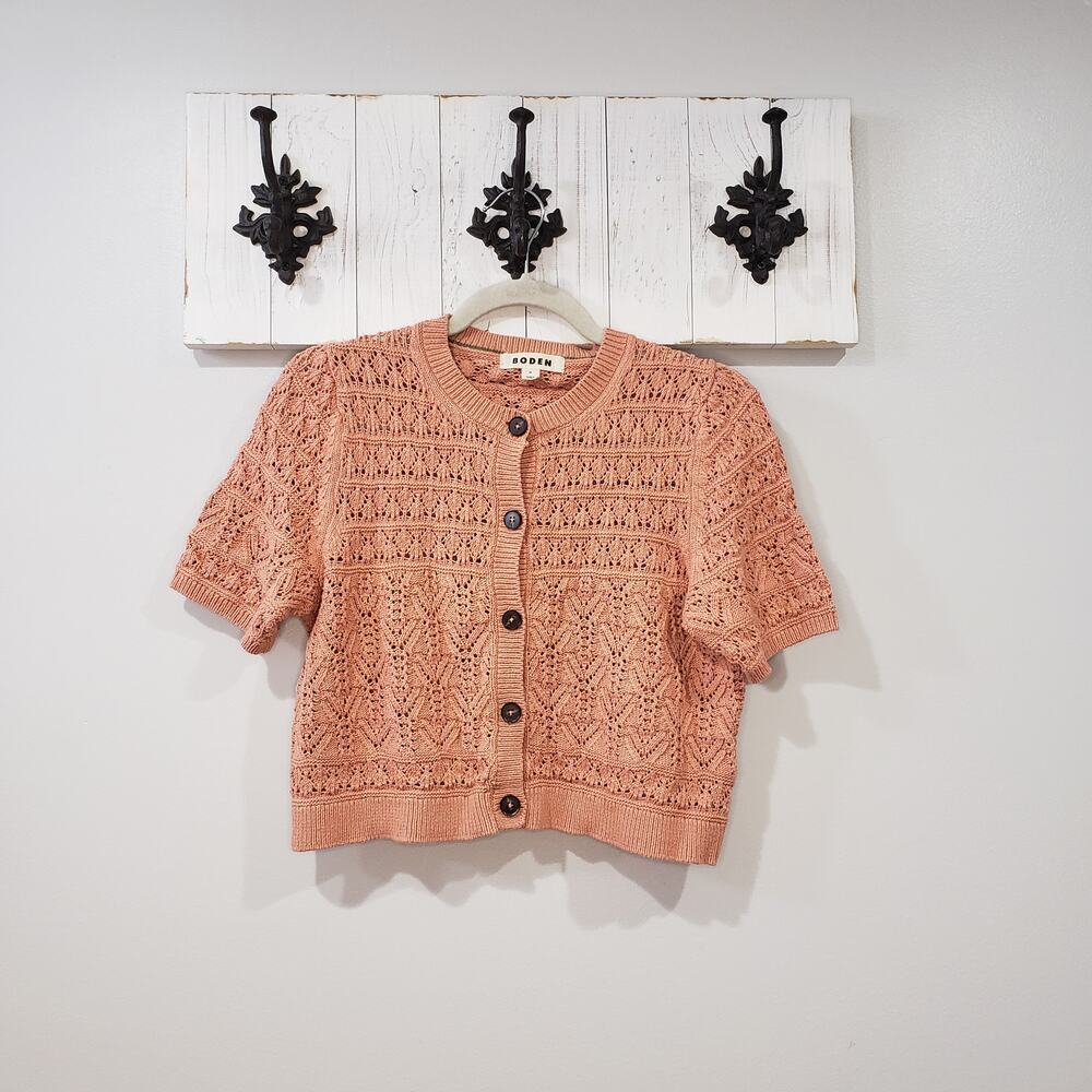 Boden Peach Pointelle Cropped Cardigan Cottagecore Sweater Medium